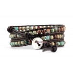 Natural Jasper Beads on Brown Leather Wrap Bracelet